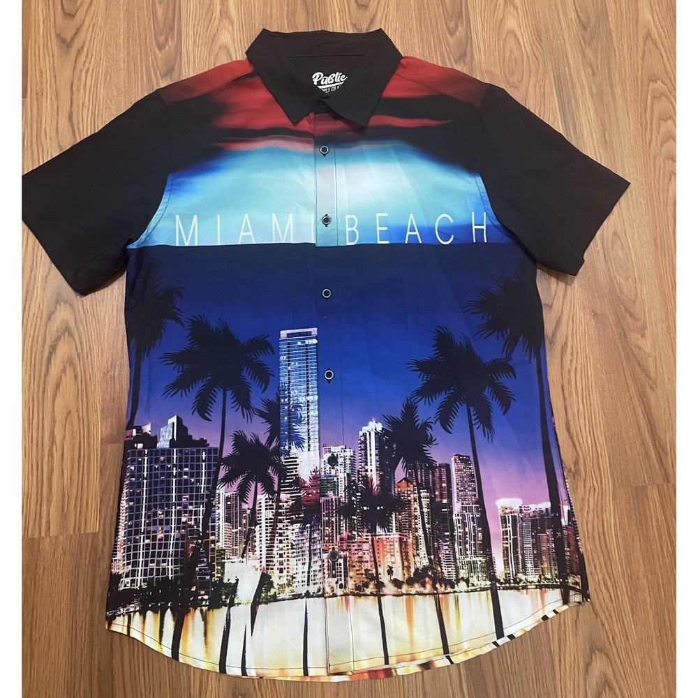 Miami Beach Skyline Shirt Mens Medium Graphic Palm Tree City Print Button Up